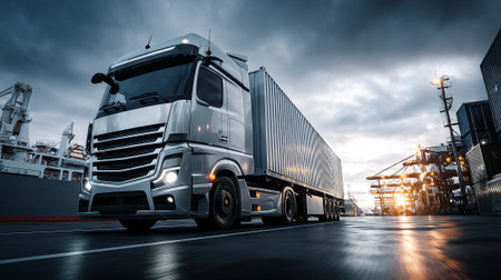 Shipping Container Truck Ready for Transport in the Morning Light at Dockの素材