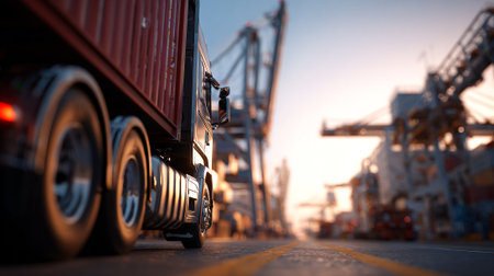 Heavy-Duty Semi-Truck Transporting Cargo at the Dockyard During Golden Hourの素材
