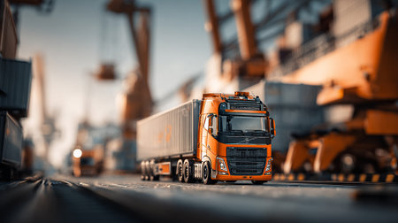 Modern semi-truck transporting goods at a seaport terminal during twilight hoursの素材