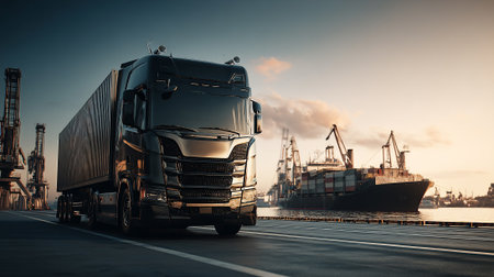 Sleek Silver Semi-Truck Ready for Cargo Delivery at Sunset Port Terminalの素材