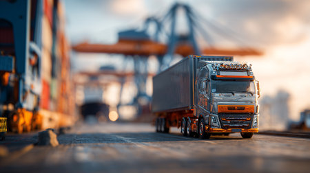 Orange Cargo Truck Transporting Container at Dockyard During Golden Hour, Focused Shotの素材