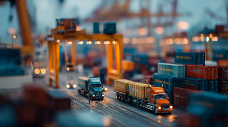 Yellow Semi-Truck Transporting Cargo on a Wharf with Container Cranesの素材