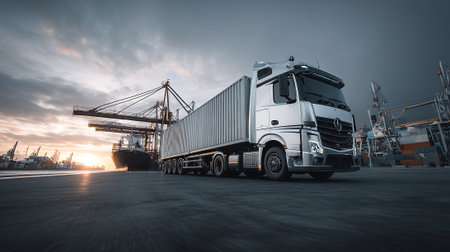 Heavy goods vehicle at a harbor with a stunning golden hour sunsetの素材
