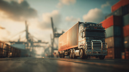 Futuristic Commercial Truck Transporting Cargo with a Large Ship in the Backgroundの素材