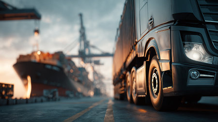 Commercial trucks lined up at a busy port ready for deliveriesの素材