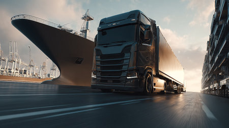 Modern transportation truck in a shipping yard ready for global logistics.の素材