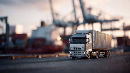 Modern red semi-truck transporting cargo at the harbor on a sunset.の素材