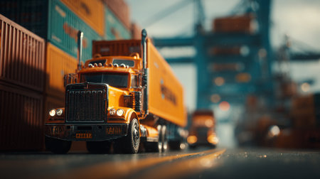 Modern Orange Semi-Truck at Busy Shipping Port During Sunset, Logistics Themeの素材