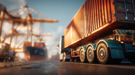 Modern Transportation: Sleek Semi-Truck on the Dock with Cargo Ship Awaitingの素材
