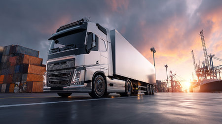 Modern Silver Scania Truck Parked Near Large Ship at the Docks.の素材
