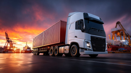 Modern White Semi-Truck at a Busy Industrial Port Ready for Transportの素材