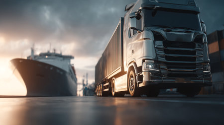 Transportation Truck Carrying Shipping Container Arriving at the Port for Global Logisticsの素材