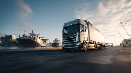 Freight truck with shipping container ready for global sea transportation logistics.の素材