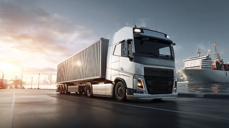 Modern Semi-Truck Transporting Cargo at Sunset Near a Shipping Port Terminalの素材