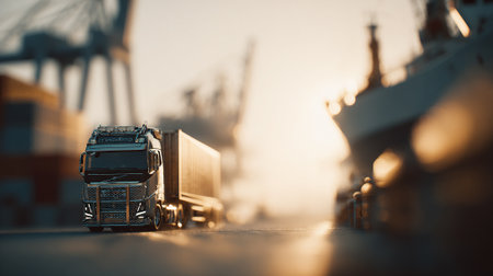 Modern Transportation: Truck Delivering Cargo Near Port with Airplane on Skyの素材