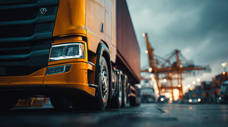 Logistics and shipping: Heavy truck with cargo container at a busy harborの素材