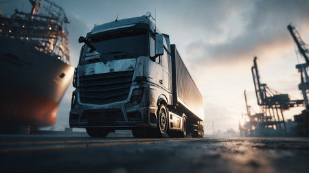 Modern semi-truck driving by cargo ship in a busy commercial portの素材
