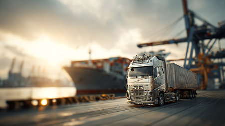 Modern cargo truck transporting goods in the port industrial areaの素材