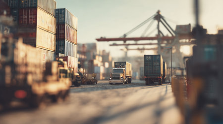 Modern commercial semi-truck poised at the port, showcasing global logistics.の素材