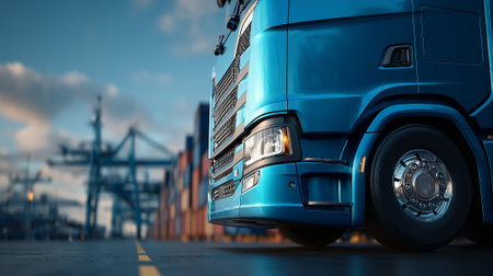 Sleek Modern Silver Truck Ready for Cargo Transport at a Busy Shipping Portの素材