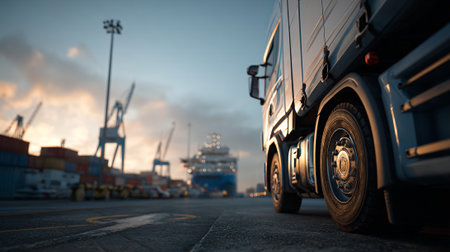 Modern semi-truck with trailer and airplane taking off at dawn skyの素材