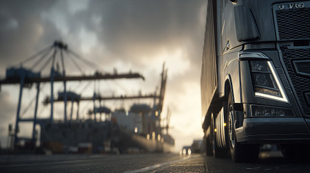 A heavy goods vehicle trucking cargo container on a blurry highway during sunsetの素材