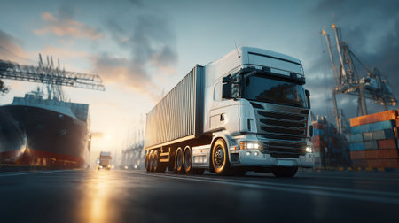 Modern Semi-Truck Transporting Goods Against a Dramatic Port and Sky Backdropの素材