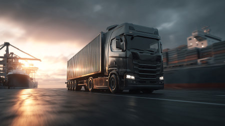 Sleek Semi-Truck Ready for Transport at the Docks During Sunsetの素材