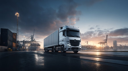 Orange semi-truck against harbor backdrop conveying efficient logistics and transport servicesの素材