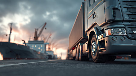 Modern articulated truck with cargo container and shipping vessel at dusk.の素材