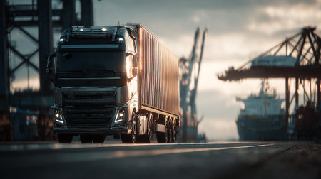 Modern Volvo Truck Parked at Dockside Harbor Against a Dramatic Sunsetの素材