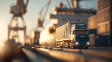 Logistics and Shipping: A Freight Truck Delivering Cargo at a Port Terminalの素材