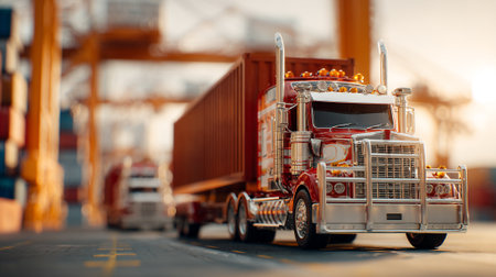 Bright yellow semi-truck and cargo trailer in a shipping yard environment.の素材