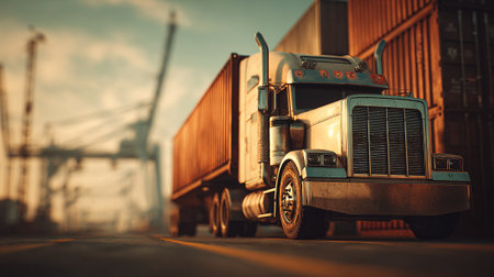 Black semi-truck delivering cargo in a harbor at sunset under a cloudy skyの素材