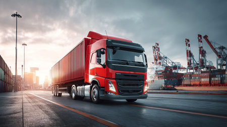 Modern Semi-Truck Ready for Shipping at the Port During Dramatic Sunriseの素材