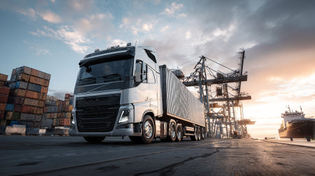Orange semi-truck hauling cargo container through a busy port, vibrant and commercialの素材