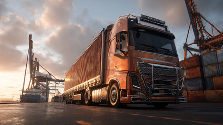 Modern delivery truck driving in a busy port ready to ship overseas.の素材