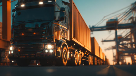 Efficient global transport: A semi-truck transporting shipping container near an ocean freight vesselの素材