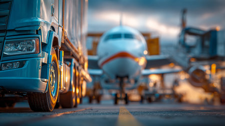 Modern Cargo Truck Delivering Goods at the Port with a Cargo Shipの素材