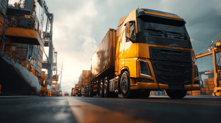 Heavy container truck transport on the road with containers in the background.の素材