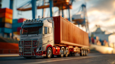 Modern Silver Truck on Docks, Shipyard with Cranes at Sunset Hourの素材