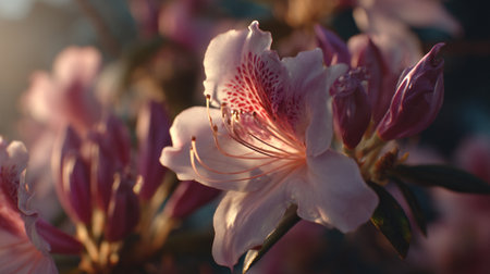 Delicate pink azalea blooms capturing soft light in a beautiful gardenの素材