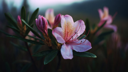 Delicate pink rhododendron flower, covered in morning dew, blooms softlyの素材