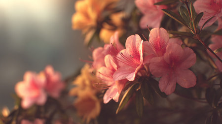 Delicate Azalea Blooms Displaying Soft Pink and Yellow Huesの素材