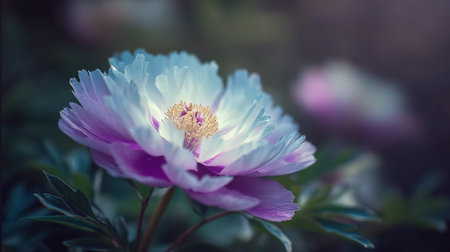 Graceful white and purple peony flower blooming in soft light.の素材