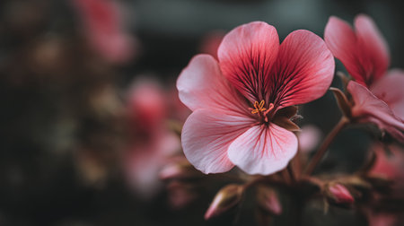 Delicate pink geranium blossoms with dark background, soft lightingの素材