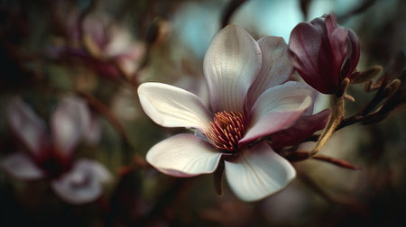 Serene Magnolia Bloom with Elegant Petals and Bud on Branchの素材