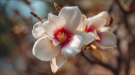 Elegant magnolia blossom unfolds, showcasing its delicate beauty in soft light.の素材