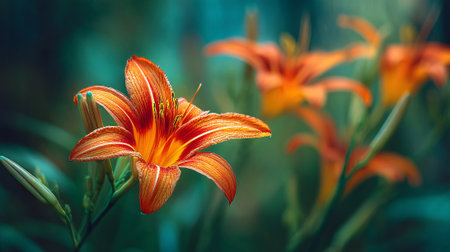 Vibrant orange lilies in a tranquil, beautifully blurred botanical gardenの素材