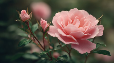 Soft Pink Rose Bloom with Buds Against Dark Green Backdropの素材